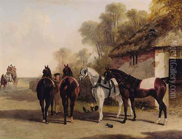 The Posting Inn, a change of horses waiting on a road with a mail coach approaching Oil Painting - John Frederick Herring Snr