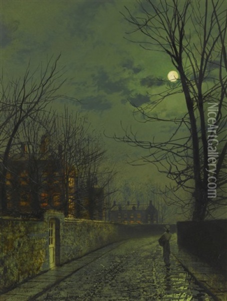 A Moonlit Street After Rain Oil Painting - John Atkinson Grimshaw