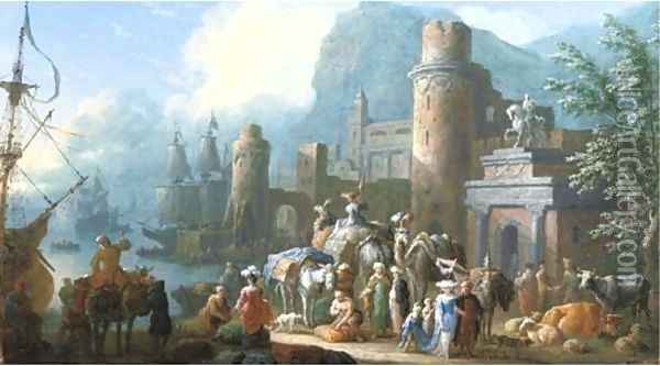 A capriccio view of a Levant harbour with travellers, camels and other animals on a quay Oil Painting - Jan Baptist van der Meiren