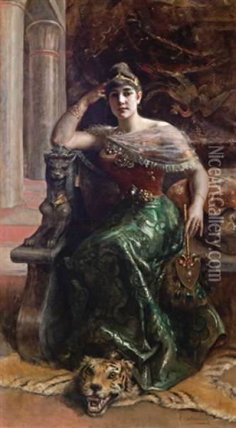 Woman With A Tiger Rug Oil Painting - Paul Antoine de la Boulaye