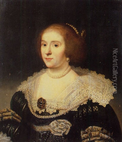 Portrait Of Amalia Van Solms Wearing A Black Dress With Slashed Sleeves, Set With Precious Stones And Pearls, Lace Collar, Pearl Necklace, Earrings And Headdress Oil Painting - Michiel Janszoon van Mierevelt