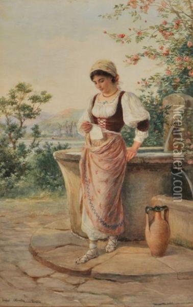At The Fountain Oil Painting - Luigi Olivetti