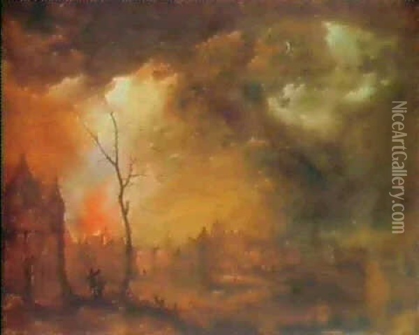 A Moonlight Landscape With A House On Fire Oil Painting - Frans de Momper