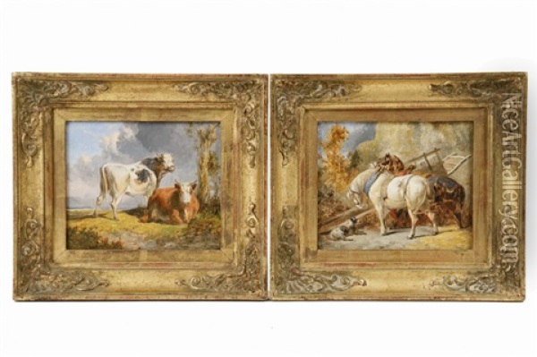 A Pair Of Miniature Barnyard Scenes Oil Painting - Victor-Jean Adam