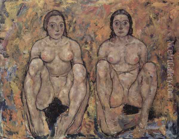 Squatting women's pair Oil Painting - Egon Schiele