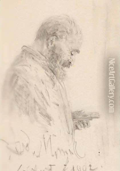 Study Of A Man Holding A Sketch Pad And A Box Of Pencils Oil Painting - Adolph von Menzel