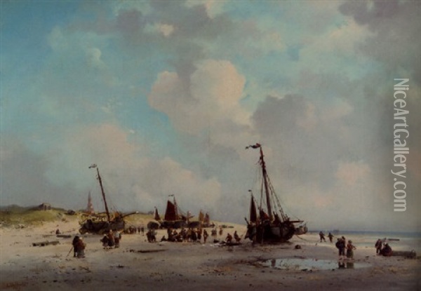 The Daily Catch: A Beachscene In Summer With Fisherfolkand Bomschuiten, Scheveningen Oil Painting - Adrianus David Hilleveld
