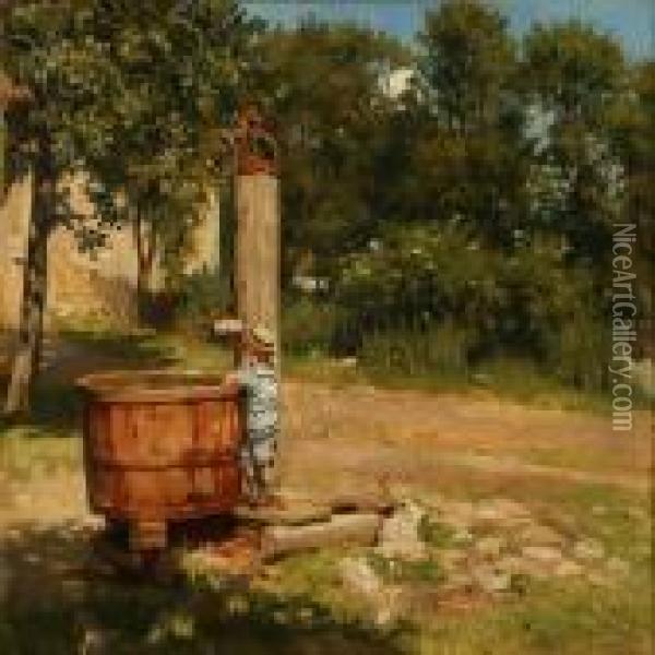 Summer Day With A Littleboy At A Pump Oil Painting - Otto Bache