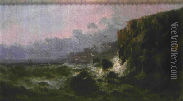 Mar Contra Las Rocas Al Atardecer Oil Painting - Francisco Hernandez Monjo