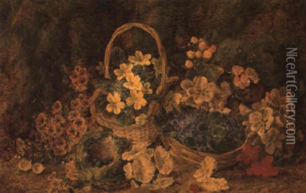 Still Life Of A Basket Of Primroses, A Basket Of Violets, And A Bird's Nest Oil Painting - George Clare