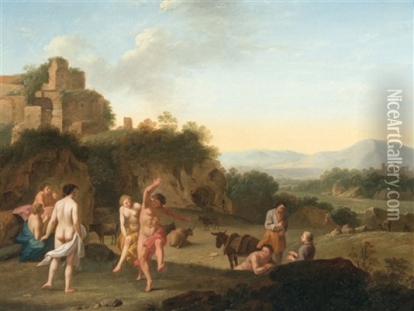 Mediterrenean Landscape With Ruins And Dancing Figures Oil Painting - Daniel Vertangen