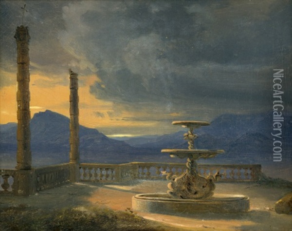 Italienische Brunnenanlage Auf Einer Terrasse Mit Aussicht Auf Eine Seenlandschaft Bei Aufkommendem Unwetter Oil Painting - Thorald Laessoe