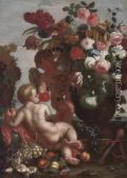 Roses, Chrysanthemums, 
Convolvulus And Other Flowers In An Urn, Peaches, Figs, Grapes And Other
 Fruit, With Putti Oil Painting - Frans Werner Von Tamm