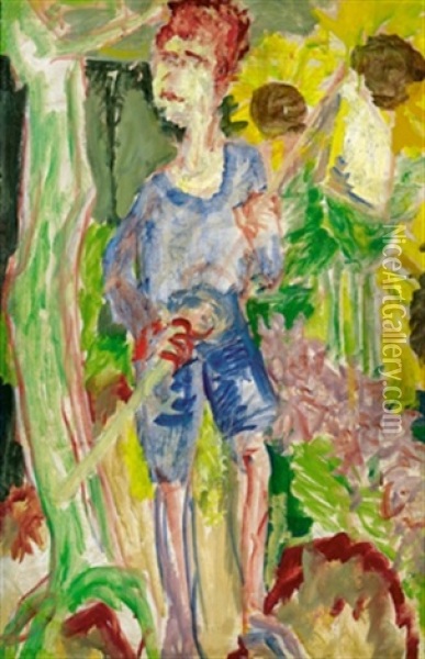 Kind, In Ganzer Figur Mit Kurzen Hosen Und Obstpflucker (?) An Langer Stange Oil Painting - Ernst Ludwig Kirchner