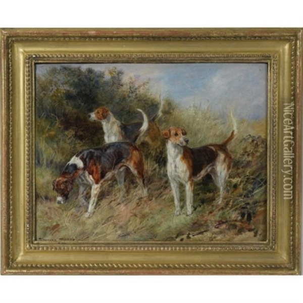Dandy, Nigel, And Sapphire, North Shropshire Foxhouds (+ Sketch Identifying The Dogs; Verso) Oil Painting - Heywood Hardy