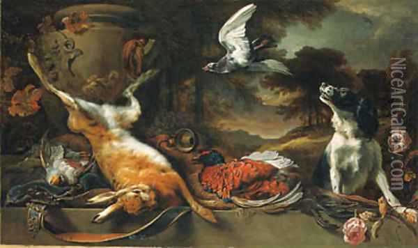 A spaniel and a pigeon with a brace of partridge, a cock pheasant and a hare, a horn, and a satchel with a stone urn on a ledge with roses Oil Painting - Jan Weenix
