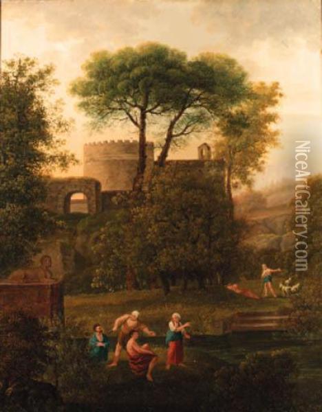 Figures In A Classical Landscape Oil Painting - Johann Kaspar Kuster