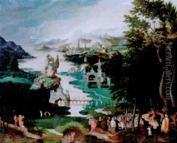Flusslandschaft Mit Episoden Aus Dem Leben Johannes Des Taufers Oil Painting - Herri met de Bles