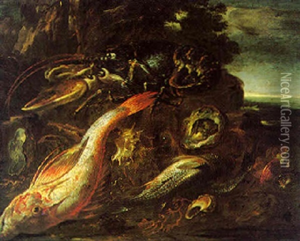 Still Life Of Fish And Shells In A Landscape, A View Of The Sea Beyond Oil Painting - Felice Boselli