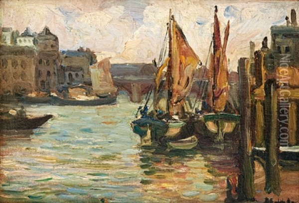 Boats Alongside A Wharf Oil Painting - Pieter Hugo Naude