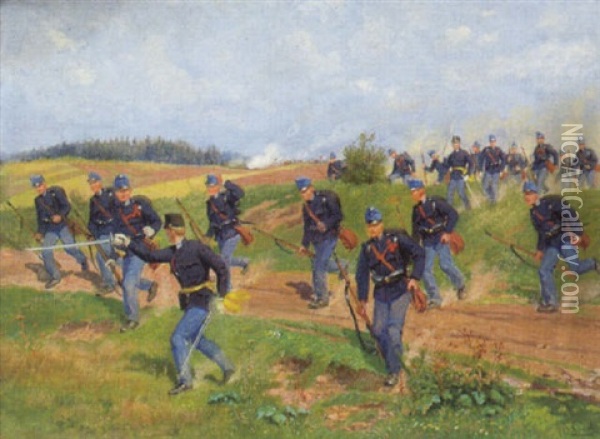 Soldaten In Blauen Uniformen Auf Der Flucht Oil Painting - Moritz Ledeli