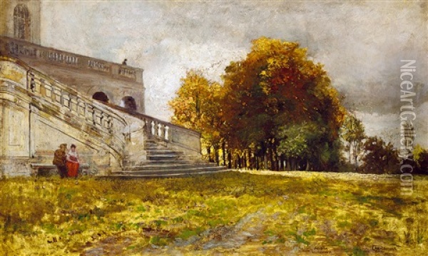 Rendezvous In The Castle Park Oil Painting - Hugo Charlemont