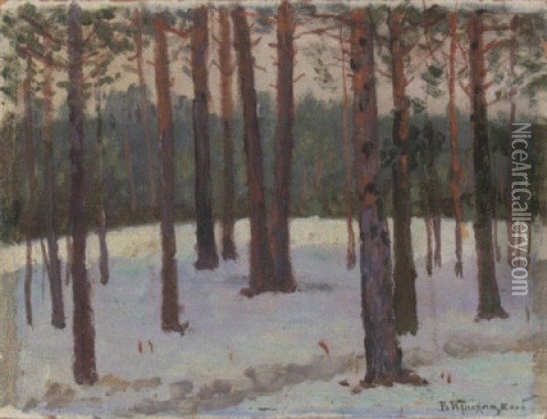 Snowy Wooded Landscape Oil Painting - Wladimir G. Krikhatzkij