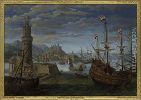 Two Dutch Men-o'war At Anchor Off Genoa Oil Painting - Zacharias Sonntag