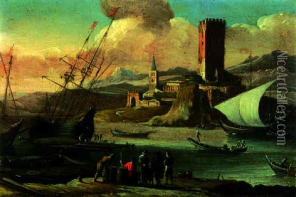 A Mediterranean Harbour With Stevedores On The Shore, A Town Beyond Oil Painting - Adriaen Van Der Cabel