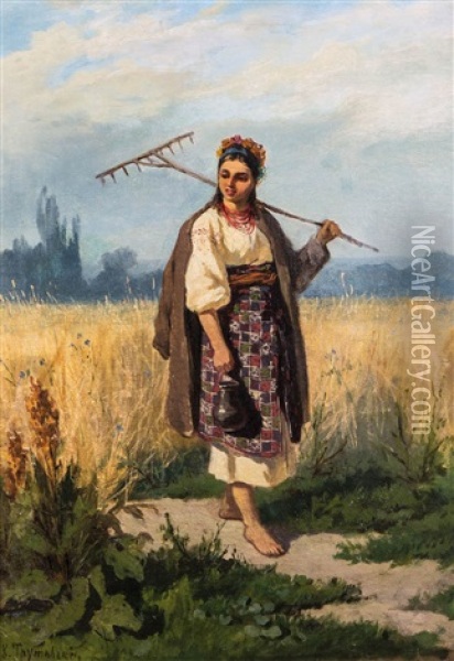 Peasant Girl In Ukrainian Costume With Flowered Hair In Summer Landscape Oil Painting - Konstantin Aleksandrovich Trutovsky