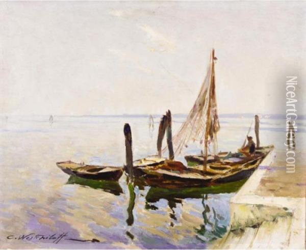Fishing Boats By The Quay Oil Painting - Constantin Alexandr. Westchiloff