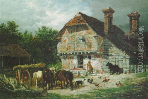 A Busy Farmyard Oil Painting - George William Mote