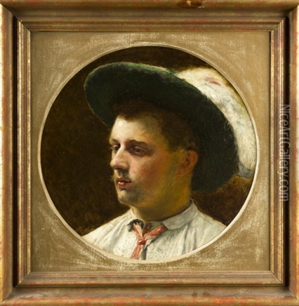 Portrait Eines Jungen Mannes Mit Federgeschmucktem Hut Oil Painting - Adolf Schlabitz