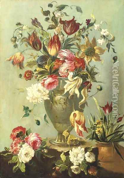 Flowers in a vase on a stone ledge Oil Painting - Spanish School