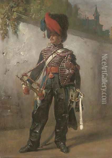 A trumpeter from the 9th regiment of the French Hussars, circa 1820 Oil Painting - Horace Vernet