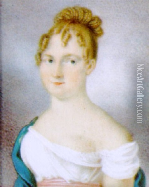 Bildnis Einer Jungen Frau In Weisen Kleid Und Blauem Schal Vor Wolkenhintergrund Oil Painting - Karl Mainelli