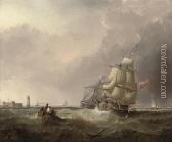 Commercial Traders Running Into The Mersey Past The Perch Rock Fortand Lighthouse Oil Painting - Samuel Walters