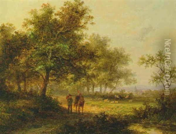 Travellers With A Donkey In A Wooded River Landscape Oil Painting - Jan Evert Morel the Younger