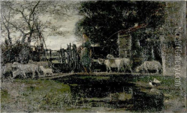 Landscape With Shepherdess Oil Painting - Jacob Henricus Maris