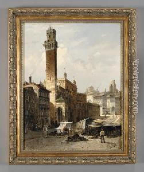Veduta Di Piazza Del Campo A Siena Con Il Mercato Oil Painting - August Siegert