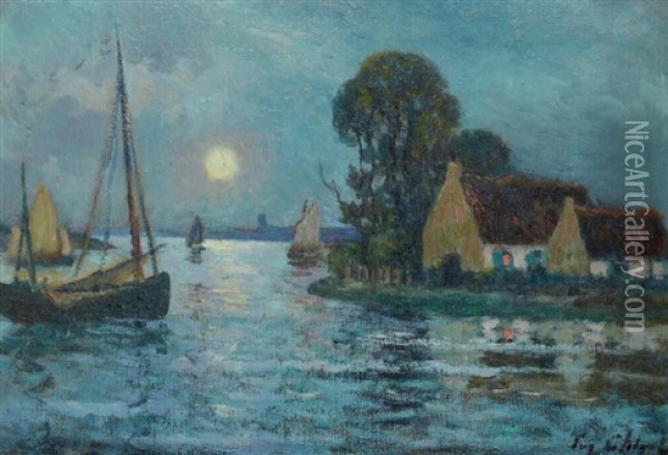 Chaumiere Au Clair De Lune Oil Painting - Eugene Chigot