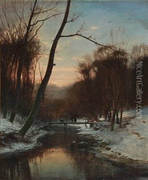 Winter Day In The Woods With A Woman And A Child Carrying Firewood Oil Painting - Frederik Niels Martin Rohde