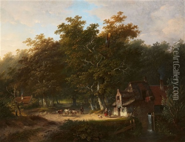 Wooded Landscape With Cottages Oil Painting - Jacobus Van Der Stok