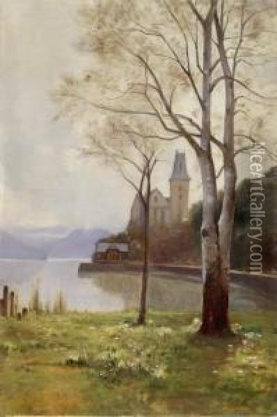 Seeufer Mit Schlosschen Auf Einer Halbinsel Im Herbst Oil Painting - Auguste Louis Veillon