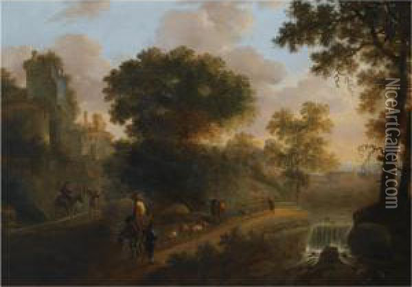 An Italianate Wooded Landscape 
With Shepherds Herding Their Flock And Cattle On A Path Near A Ruined 
Tower, A View Of A Village Beyond Oil Painting - Abraham van Dijck