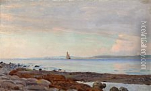 Coastal Scene With A Sailing Ship Seen From The Beach Oil Painting - Christian Ferdinand Andreas Molsted