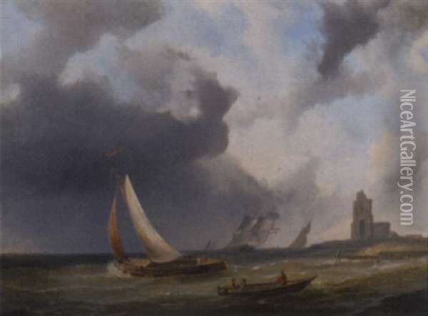 Sailing Vessels On Choppy Water By A Coast Oil Painting - Pieter Hendrik Thomas