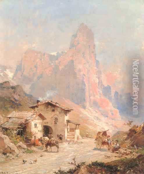 Figures in a Village in the Dolomites Oil Painting - Franz Richard Unterberger