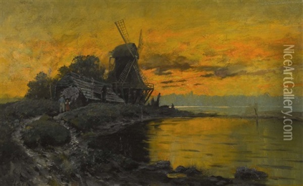 Alte Windmuhle Bei Dordrecht Im Abendrot Oil Painting - Hermann Christian Plock