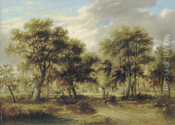 View Of Richmond Park With Figures On A Path And Cattlebeyond Oil Painting - James Stark
